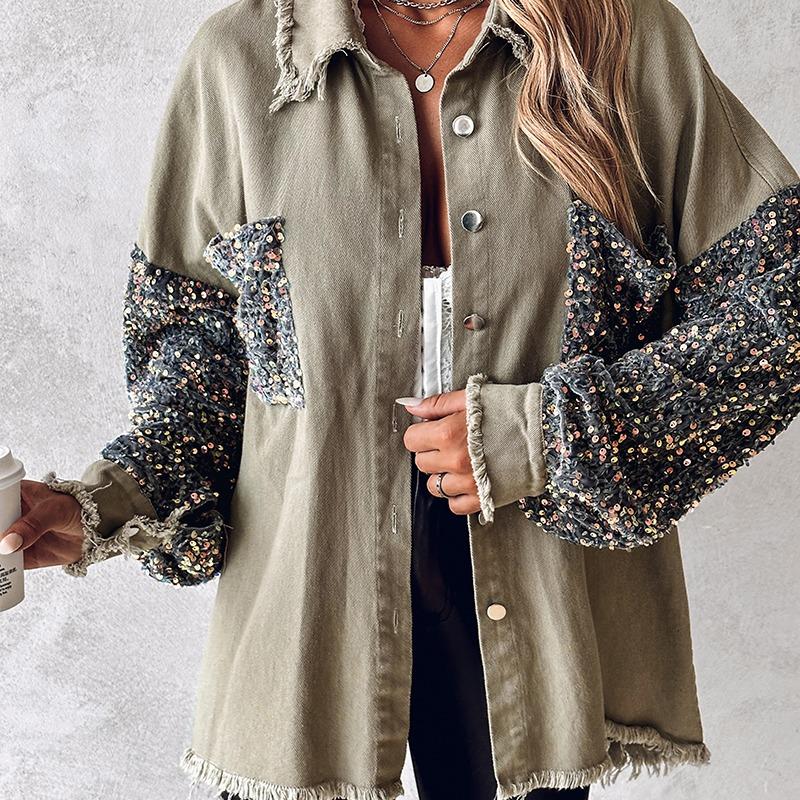 Vilora™ - Chic Oversized Sequin Hem Collared Button Down Jacket