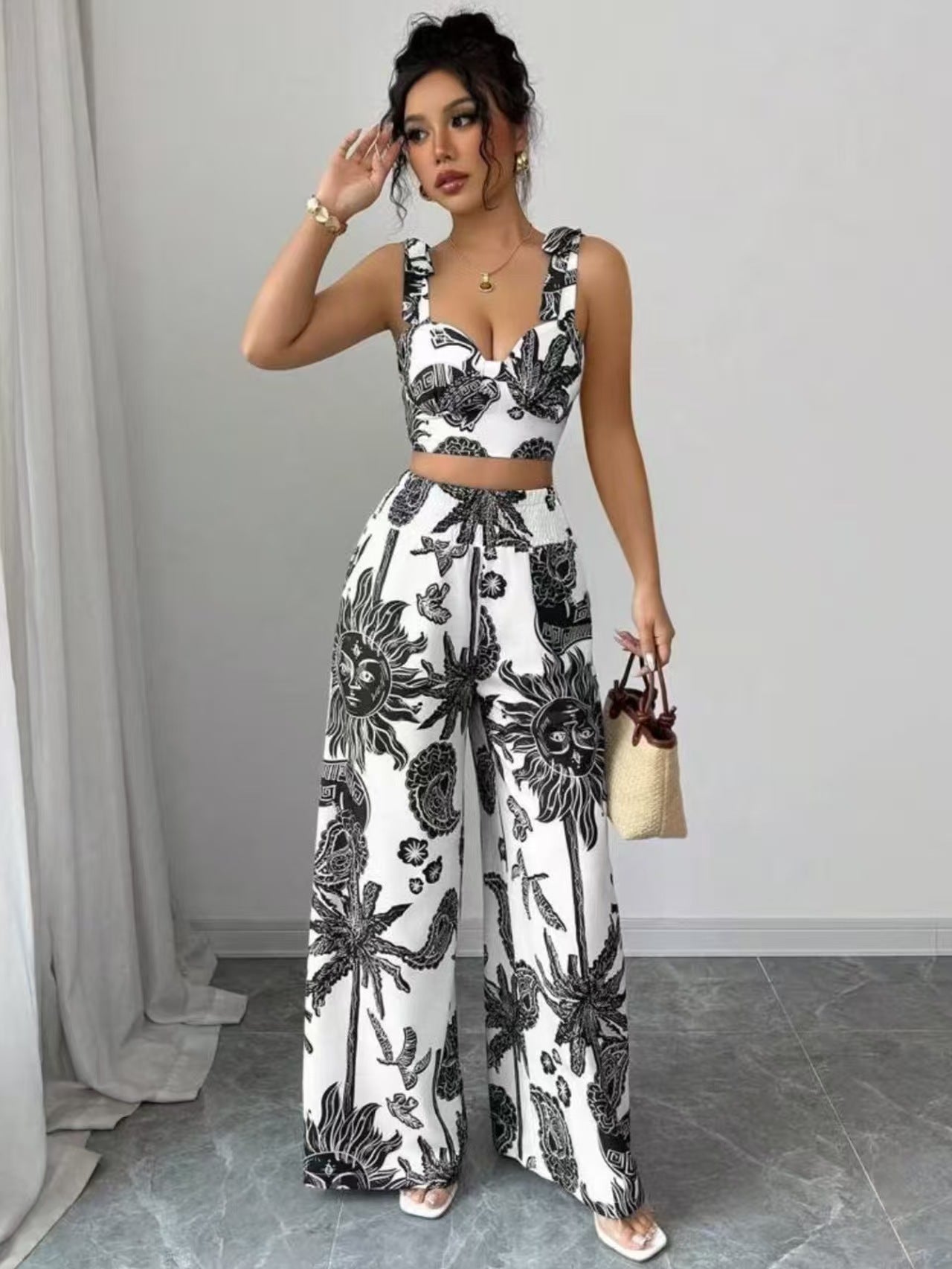 Vilora™ – Elegant Boho Printed Crop and Wide Leg Pants Set