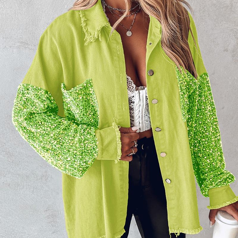 Vilora™ - Chic Oversized Sequin Hem Collared Button Down Jacket