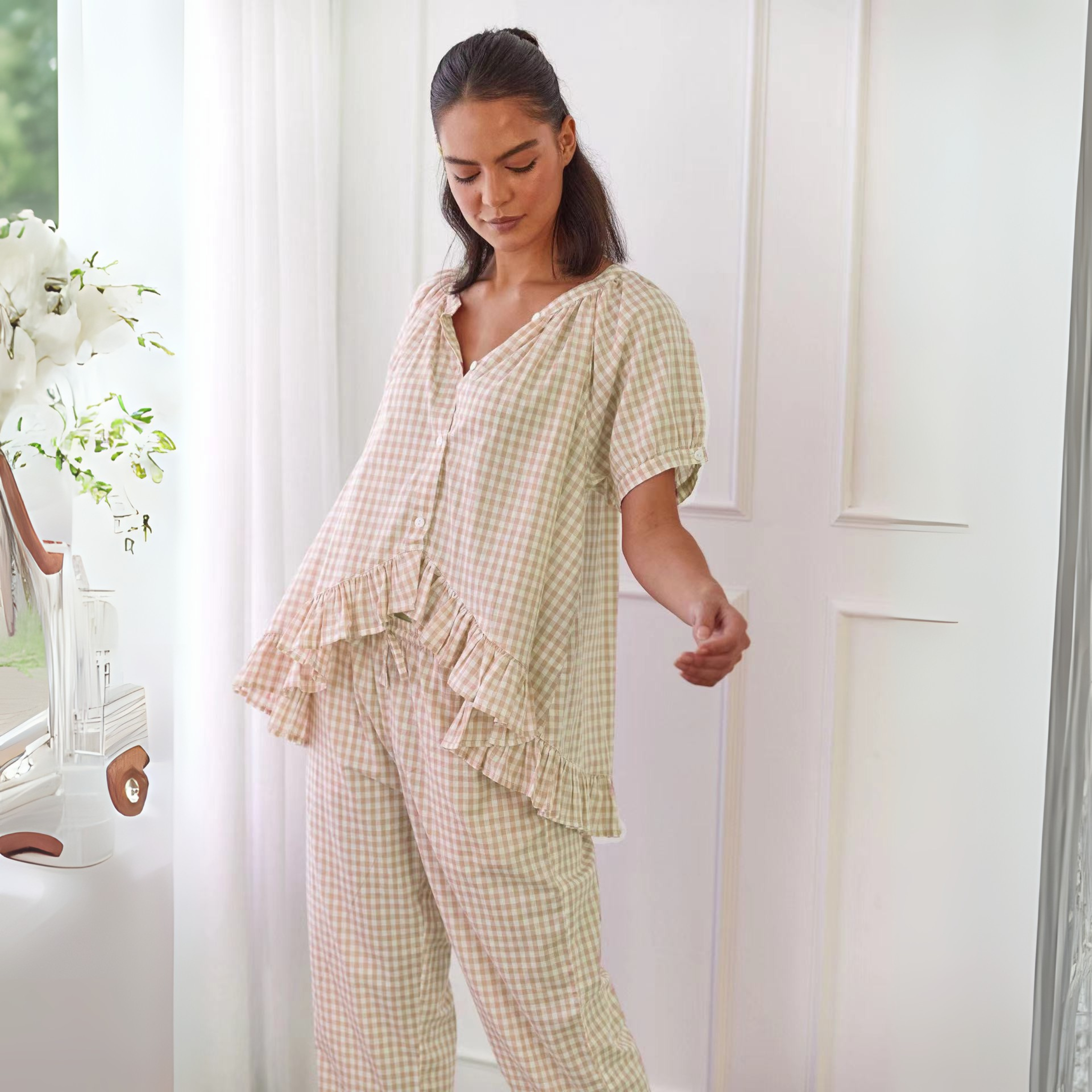 NEVERLAND™ - Casual Plaid Puff Sleeve Top and Pants Set