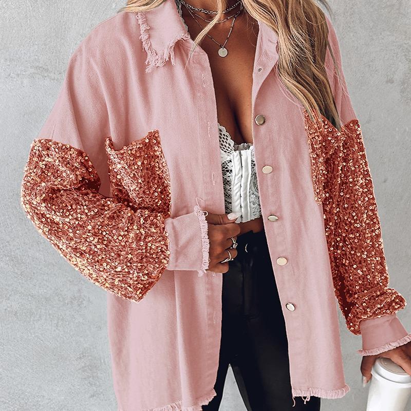 Vilora™ - Chic Oversized Sequin Hem Collared Button Down Jacket