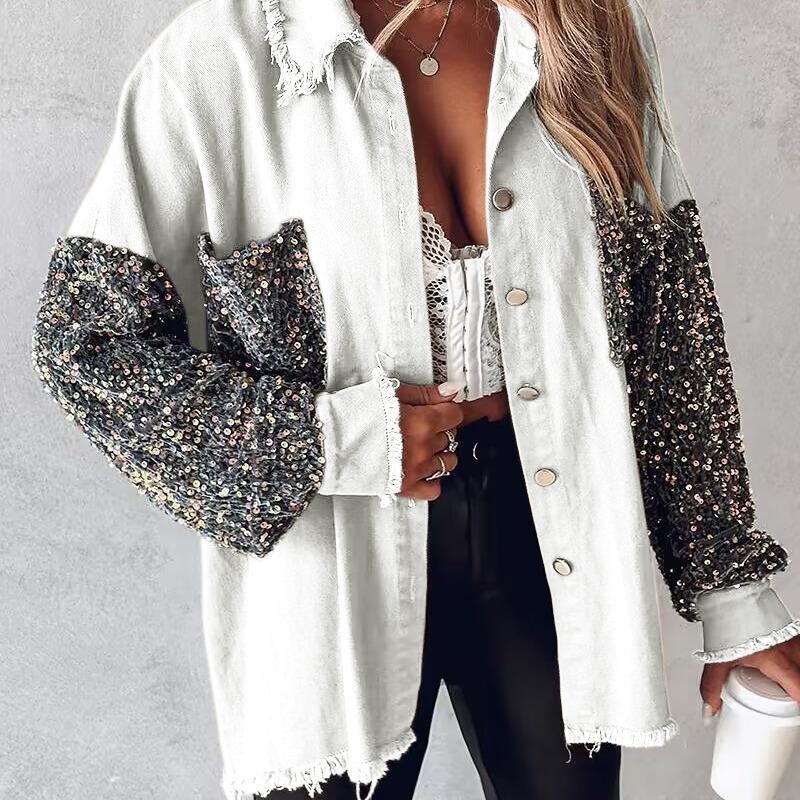 Vilora™ - Chic Oversized Sequin Hem Collared Button Down Jacket