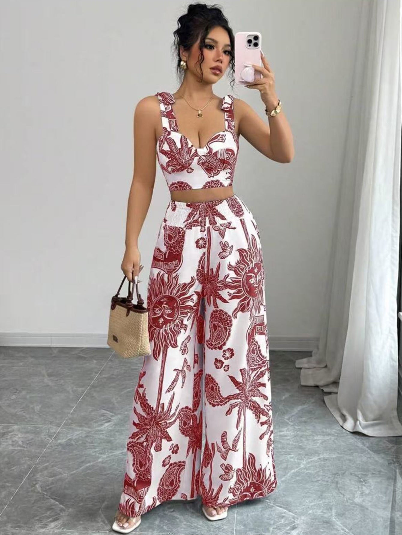 Vilora™  – Elegant Boho Printed Crop and Wide Leg Pants Set