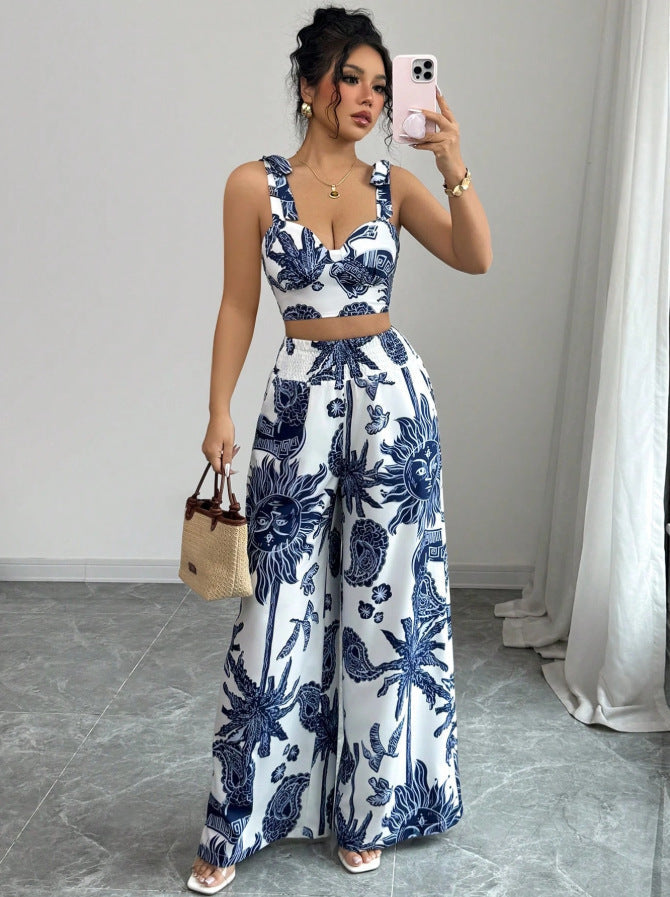 Vilora™  – Elegant Boho Printed Crop and Wide Leg Pants Set
