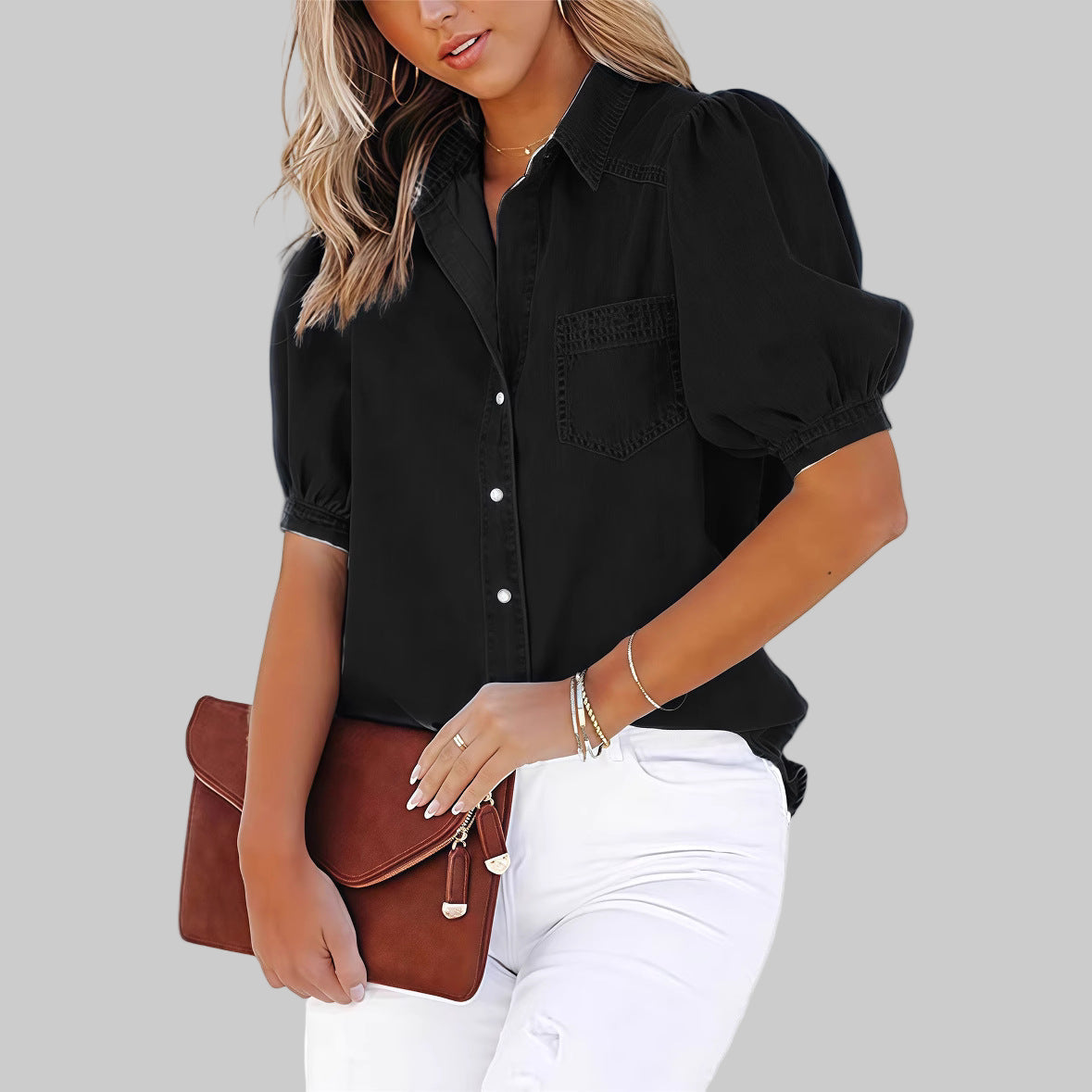 Vilora™  - Casual Bubble Sleeve Button Down Top