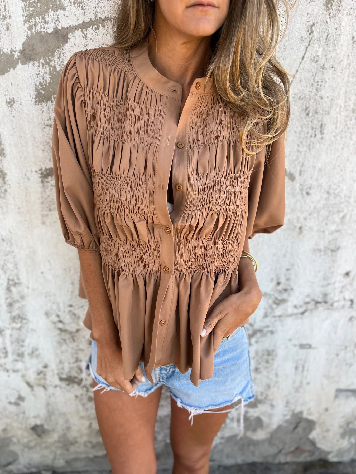Vilora™  - Pleated Button-Up Blouse